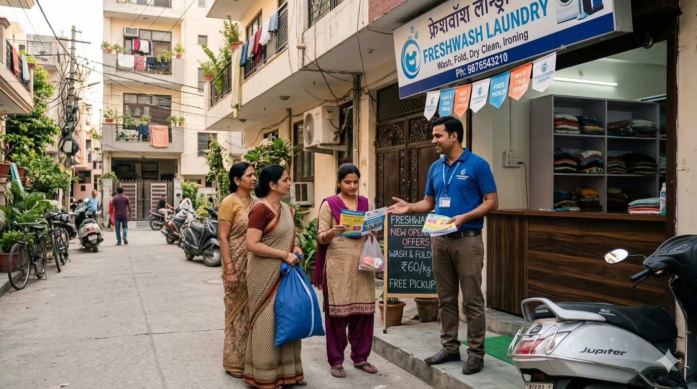 Laundry Shop Owner Talking to Customers in a Residential Area