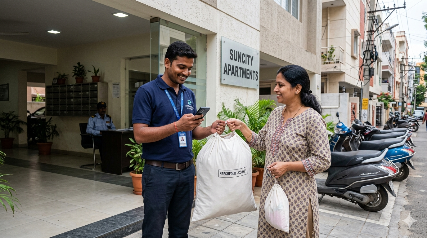 Delivery Person Picking Up Laundry Bags from a Residential Building