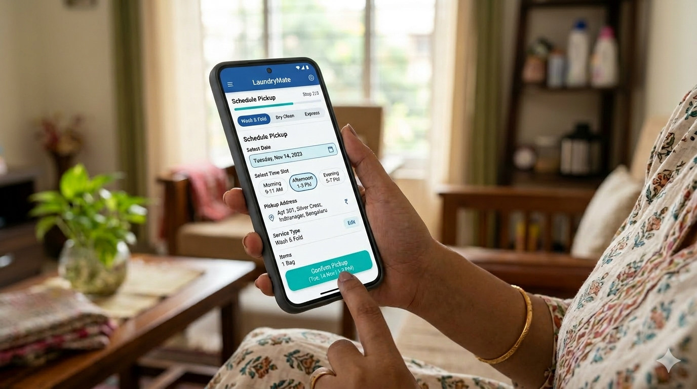 Mobile Phone Showing Laundry Service App with Pickup Scheduling