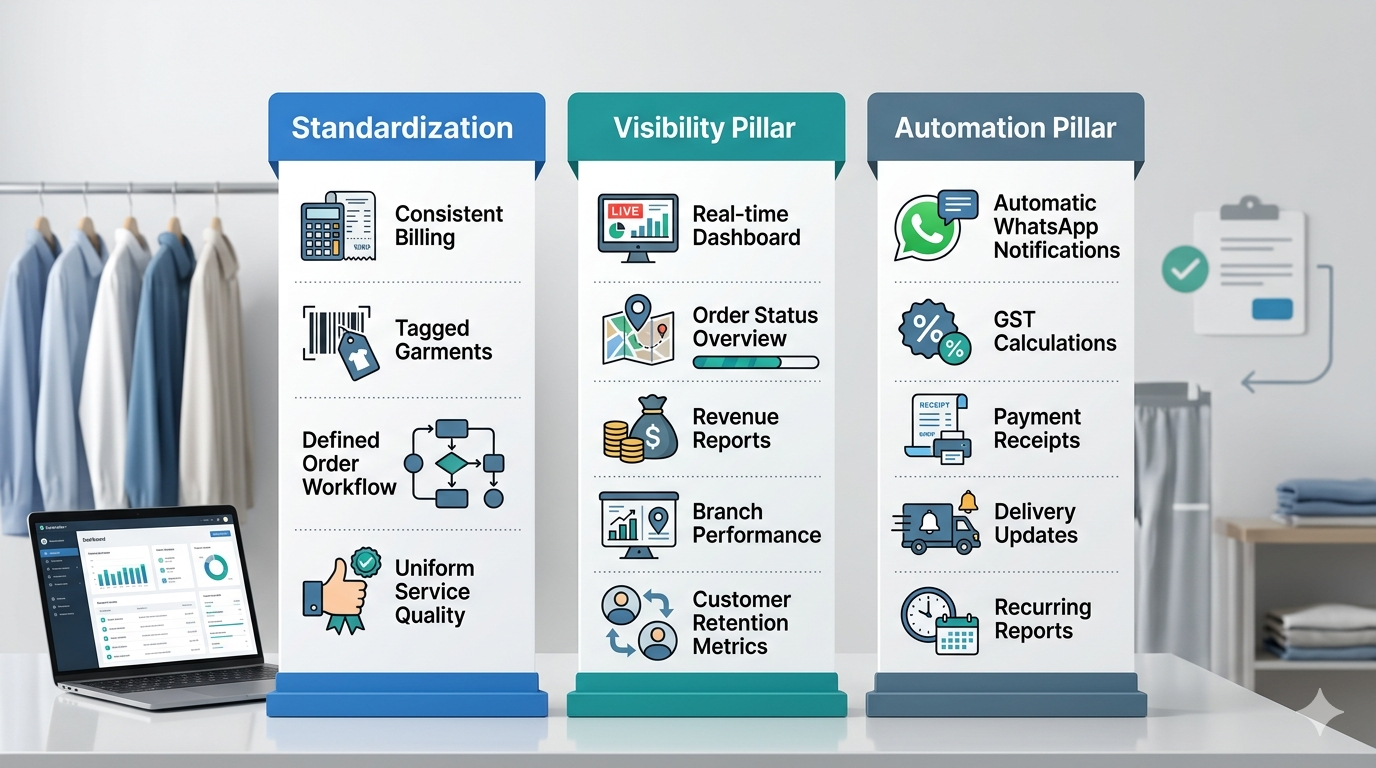 Three Pillars Graphic: Standardization, Visibility, Automation