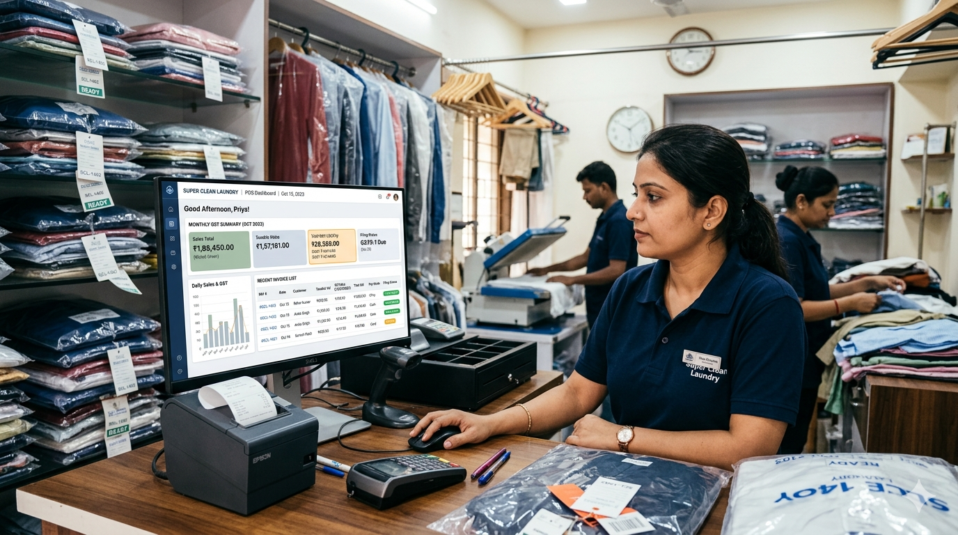 Laundry POS Dashboard with GST Summary and Invoice List