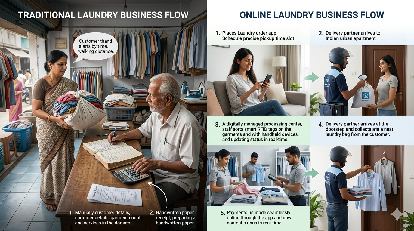 Traditional vs Online Laundry Business Flow
